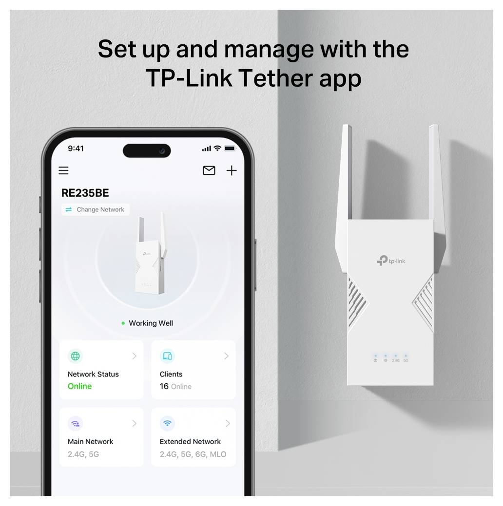 TP-LINK WLAN hatótáv növelő TP-Link BE3600 Ricevitore e trasmettitore di rete Bianco 2500 Mbit/s RE235BE WiFi 7, Mesh-ké-5