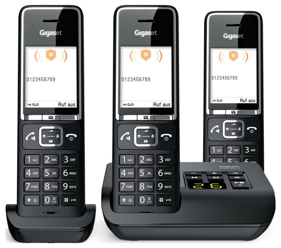 Három vezeték nélküli telefon digitális kijelzővel, amely néma ikonokat és hívóazonosítást jelenít meg. Az alapegység két kézibeszélővel és billentyűzettel rendelkezik.
