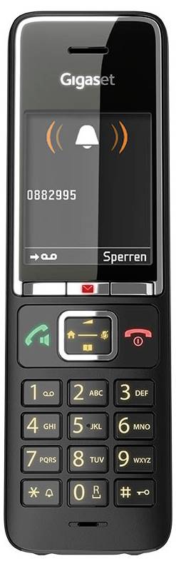 'Gigaset telefon numerikus billentyűzettel, amely riasztást jelenít meg a képernyőn. A képernyő egy harang ikont és a 0882995 számot mutatja.'