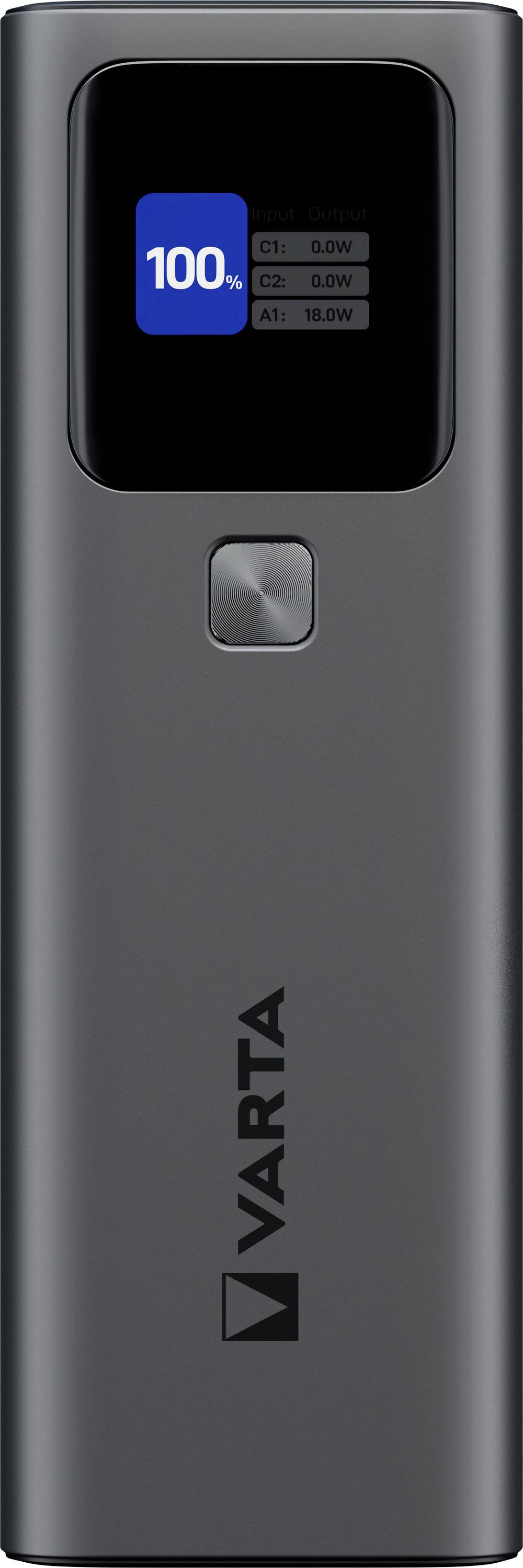 Hordozható VARTA power bank digitális kijelzővel, amely '100%'-ot mutat.