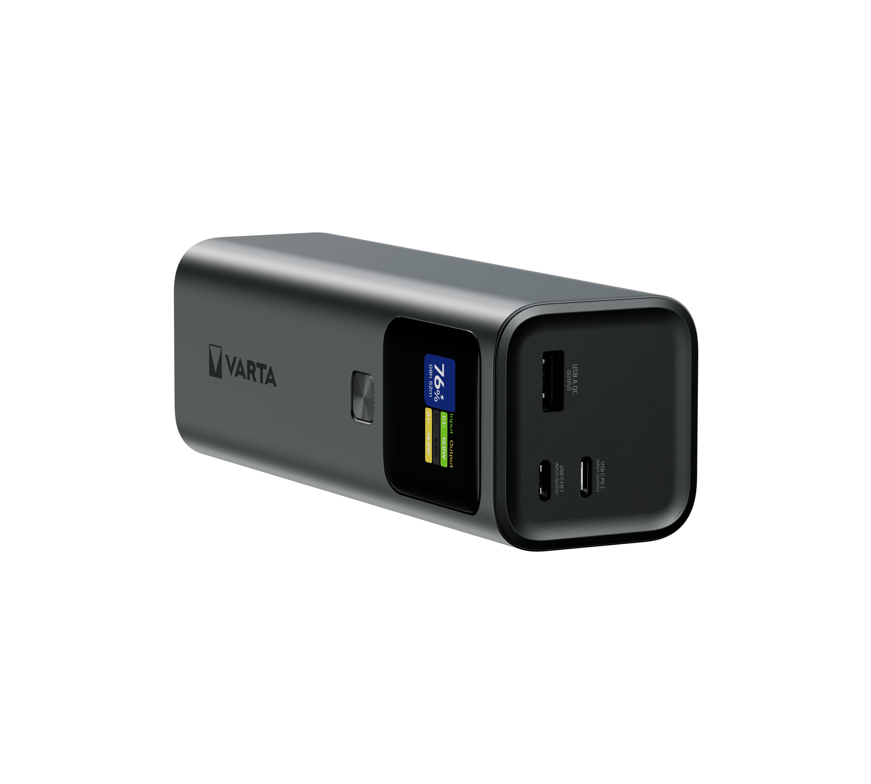 "VARTA" márkájú fekete powerbank két USB porttal és "70%" értéket megjelenítő digitális kijelzővel. Nagy kapacitású hordozható töltő.