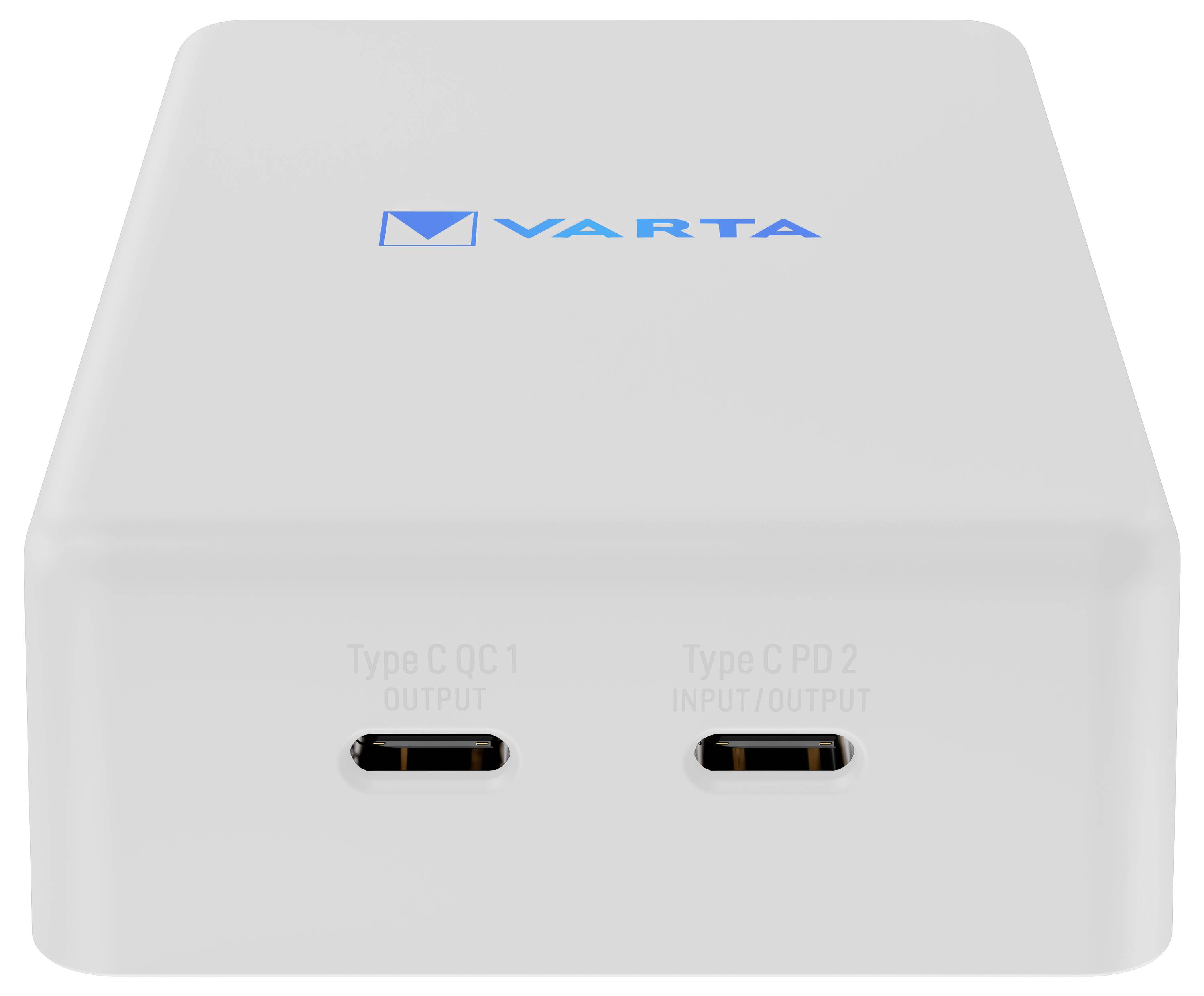 „Fehér Varta power bank két USB Type-C porttal, amelyek a következőképpen vannak jelölve: 'Type C QC 1 Output' és 'Type C PD 2 Input/Output'."