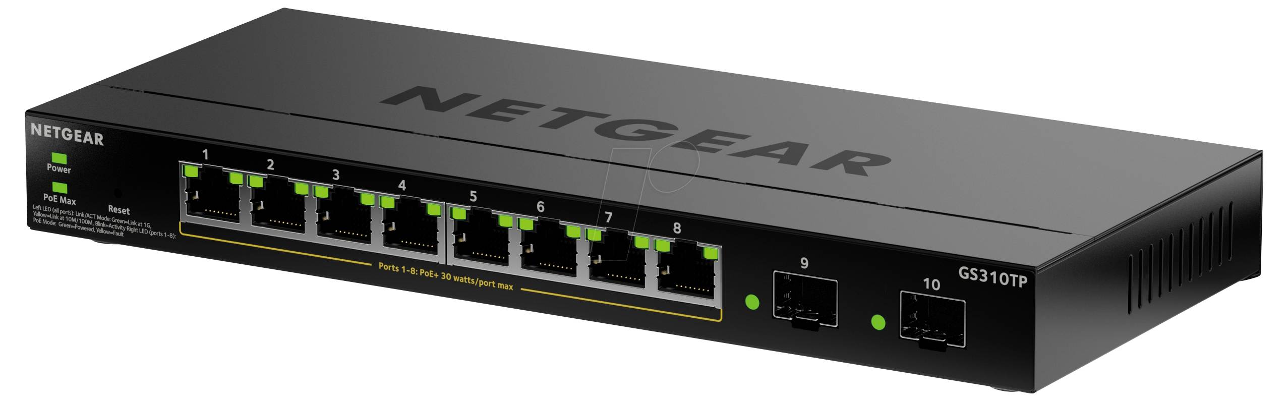 "NETGEAR" hálózati kapcsoló nyolc Ethernet porttal és két száloptikai kapcsolattal, G5310TP típusjelzéssel. Zöld lámpák jelzik az aktív portokat.