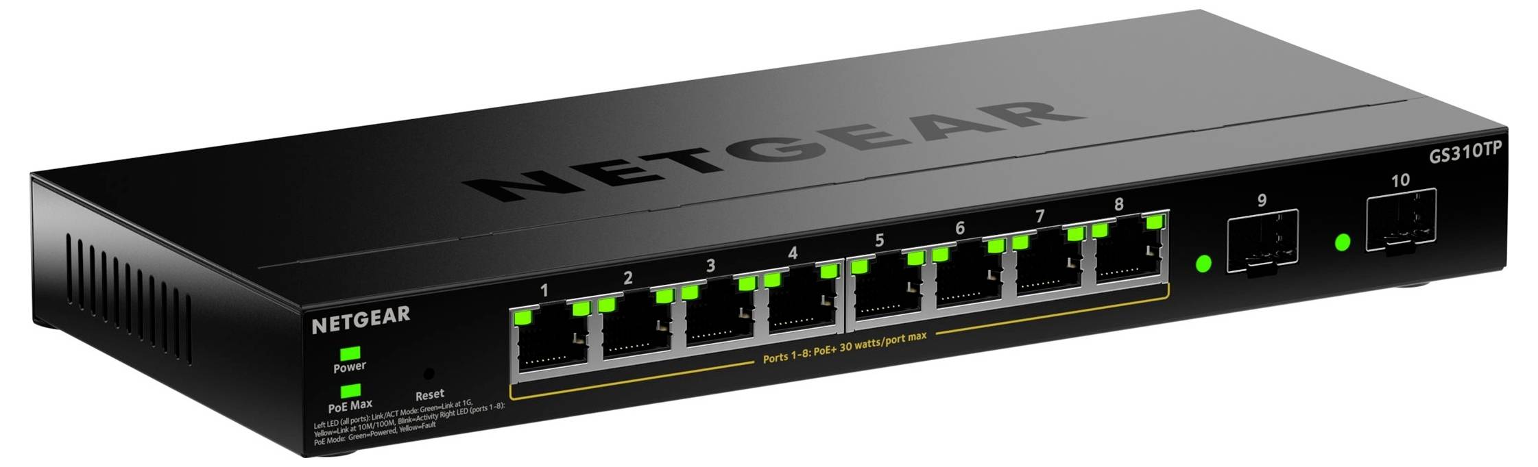 A "Netgear GS310TP" hálózati kapcsoló nyolc Ethernet porttal és két száloptikai porttal, LED jelzőfényekkel és bekapcsológombbal, IT-környezetekhez tervezve.