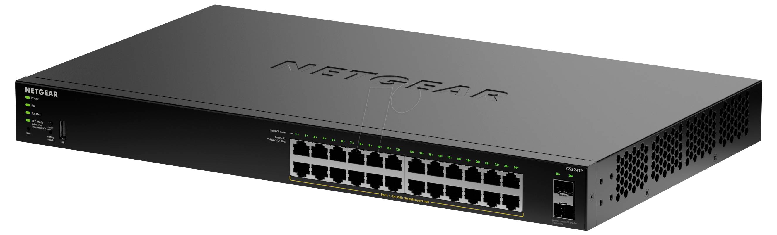 Egy fekete Netgear hálózati kapcsoló 24 Ethernet porttal és 2 SFP porttal, több eszköz hálózatba való csatlakoztatására használható.