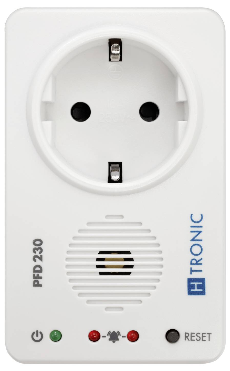 A „PFD230" kimeneti aljzat reset gombbal, állapotjelzőkkel és „H TRONIC" márkázással. Az elektronikus eszközök védelme céljából tervezve.