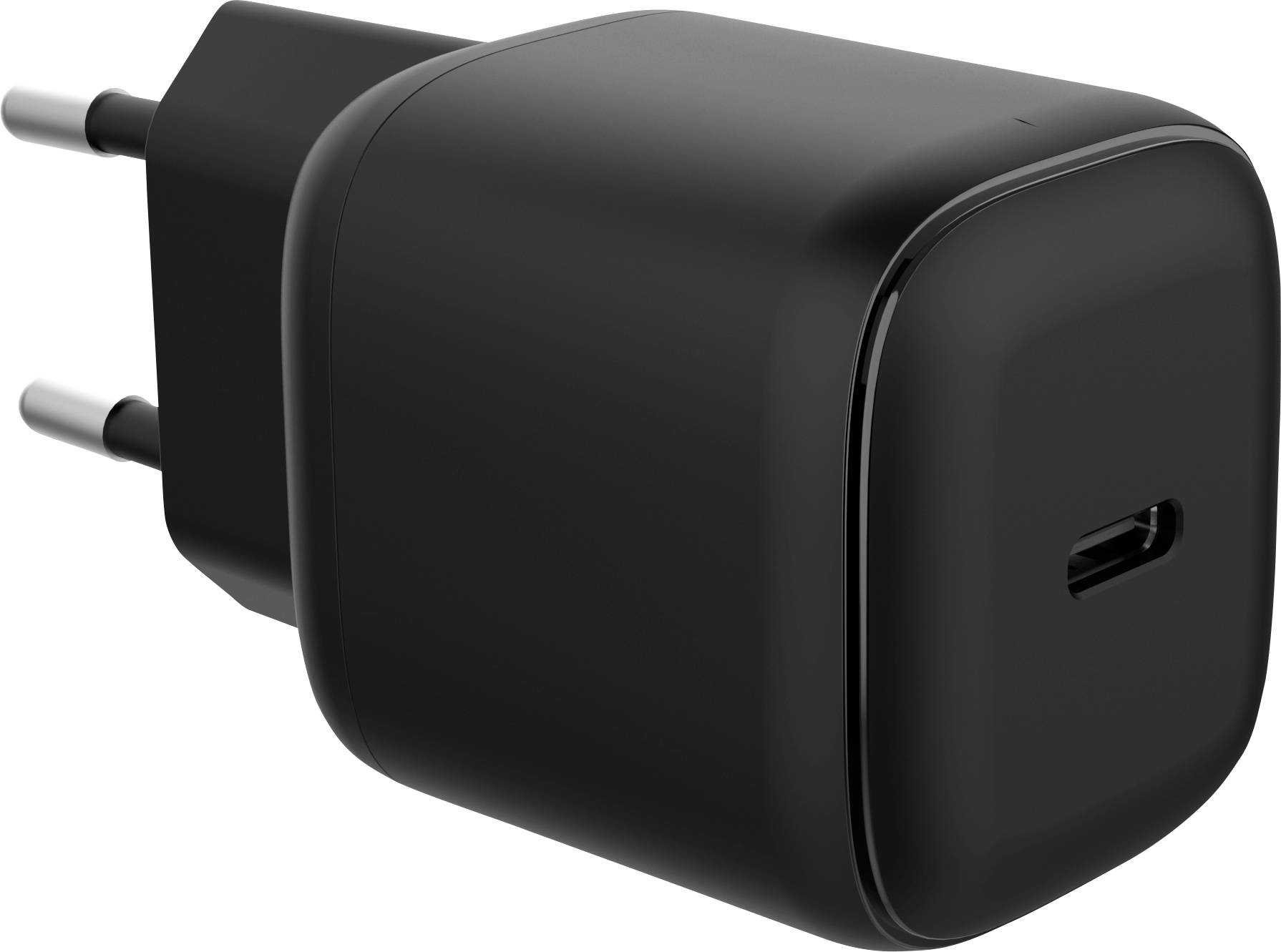 Fekete USB-C falitöltő, elegáns, kompakt dizájnnal, két csatlakozódugóval és egyetlen USB-C porttal az elején.