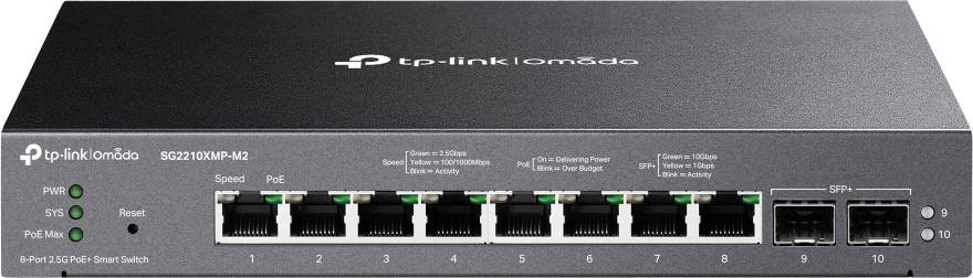 A TP-Link 8 portos 2,5G PoE+ intelligens kapcsoló, SG2210MP-M2 modell, minden porthoz LED-ekkel a sebesség és a PoE-tevékenység jelzésére.