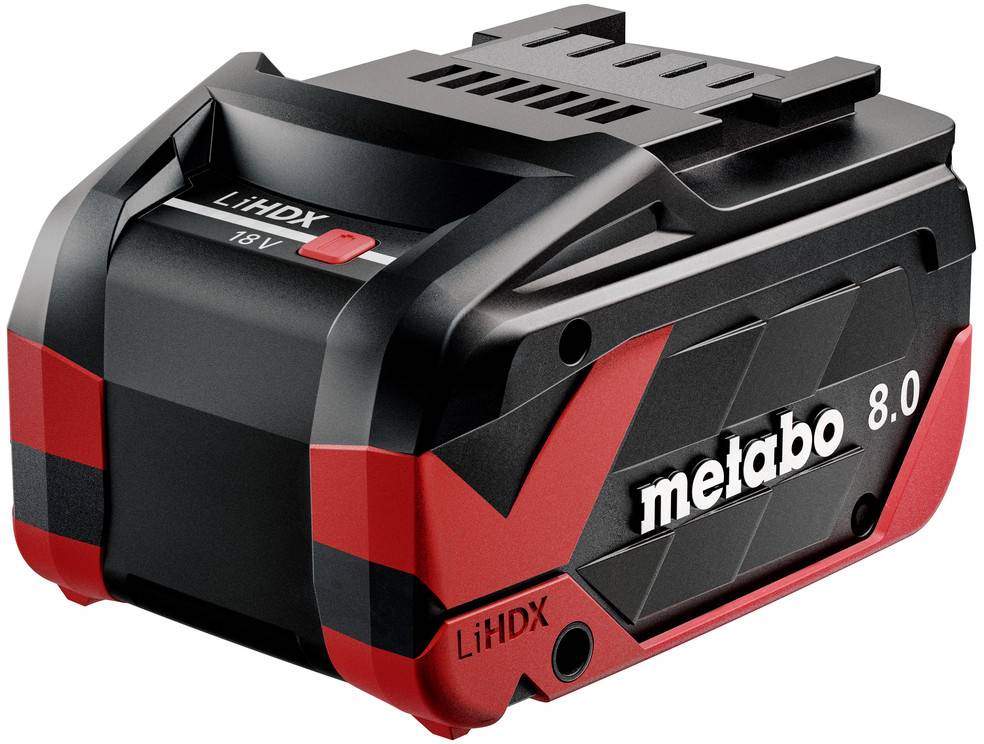 Fekete és piros Metabo LiHDX 18V 8.0 akkumulátor csomag fehér háttéren megjelenítve.