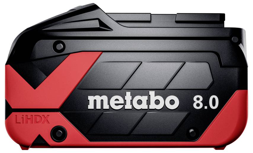 Egy Metabo 8.0 LiHDX akkumulátor fekete és piros kialakítással, a Metabo logó jól látható az oldalán.