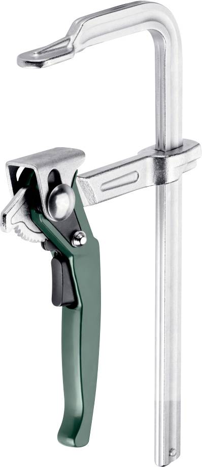 Zöld és ezüst fémes szorítóeszköz állítható fogással, amelyet faalapú vagy fémmegmunkálásban használnak anyagok rögzítésére.