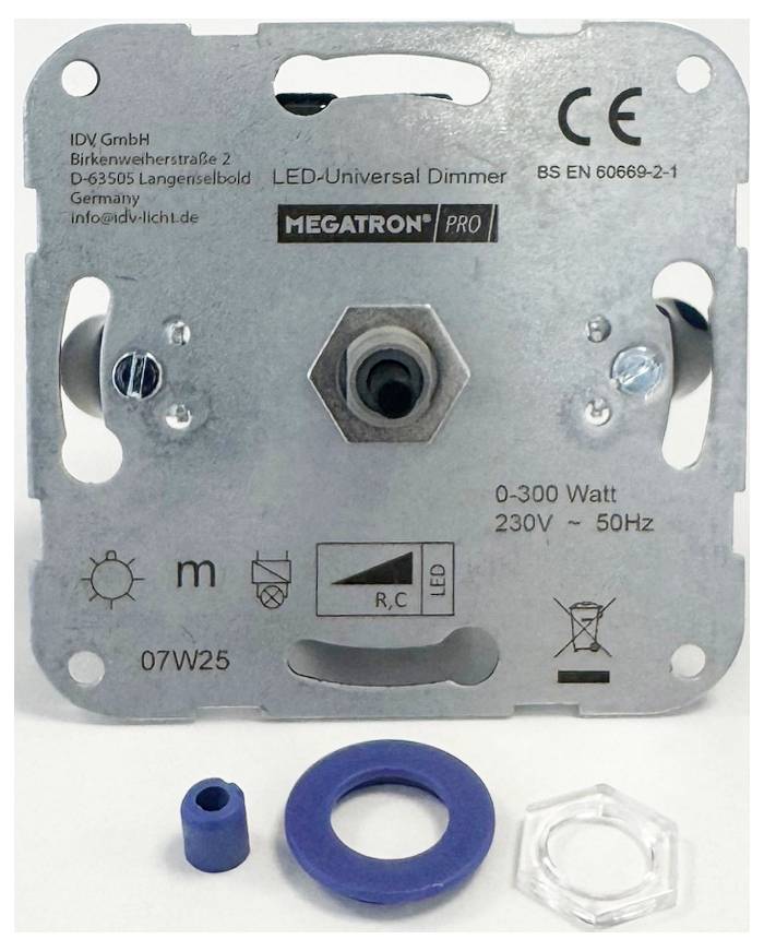 „MEGATRON PRO LED-Univerzális Dimmer 0-300 Watt, 230V-50Hz, CE jelöléssel. Tartalmazza a szerelési alkatrészeket."