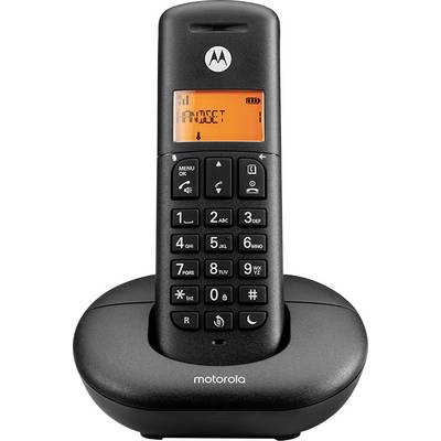 Fekete vezeték nélküli telefon digitális kijelzővel, amely a „Contact" szót jeleníti meg. Az készülék a töltőállványában helyezkedik el, és szabványos számtáblát mutat.