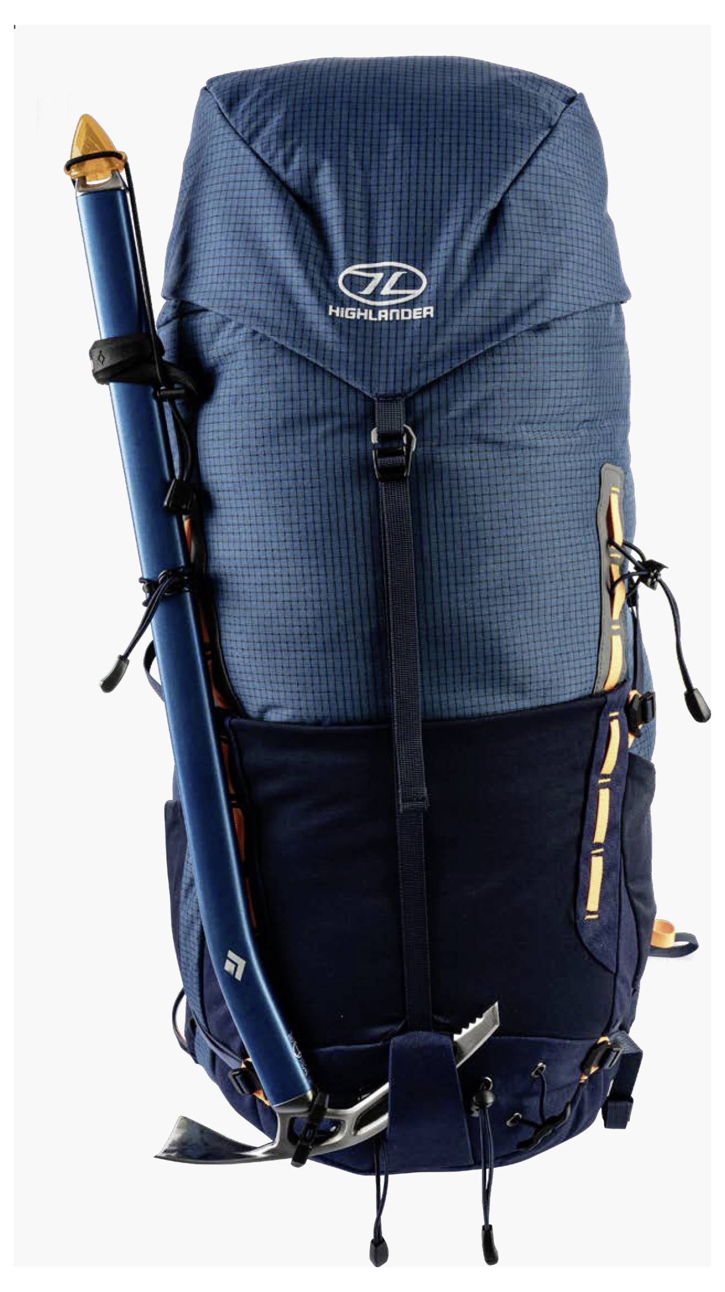Egy nagy kék túrahátizsák több pánt és egy hozzácsatlakoztatott kék jégcsákány.