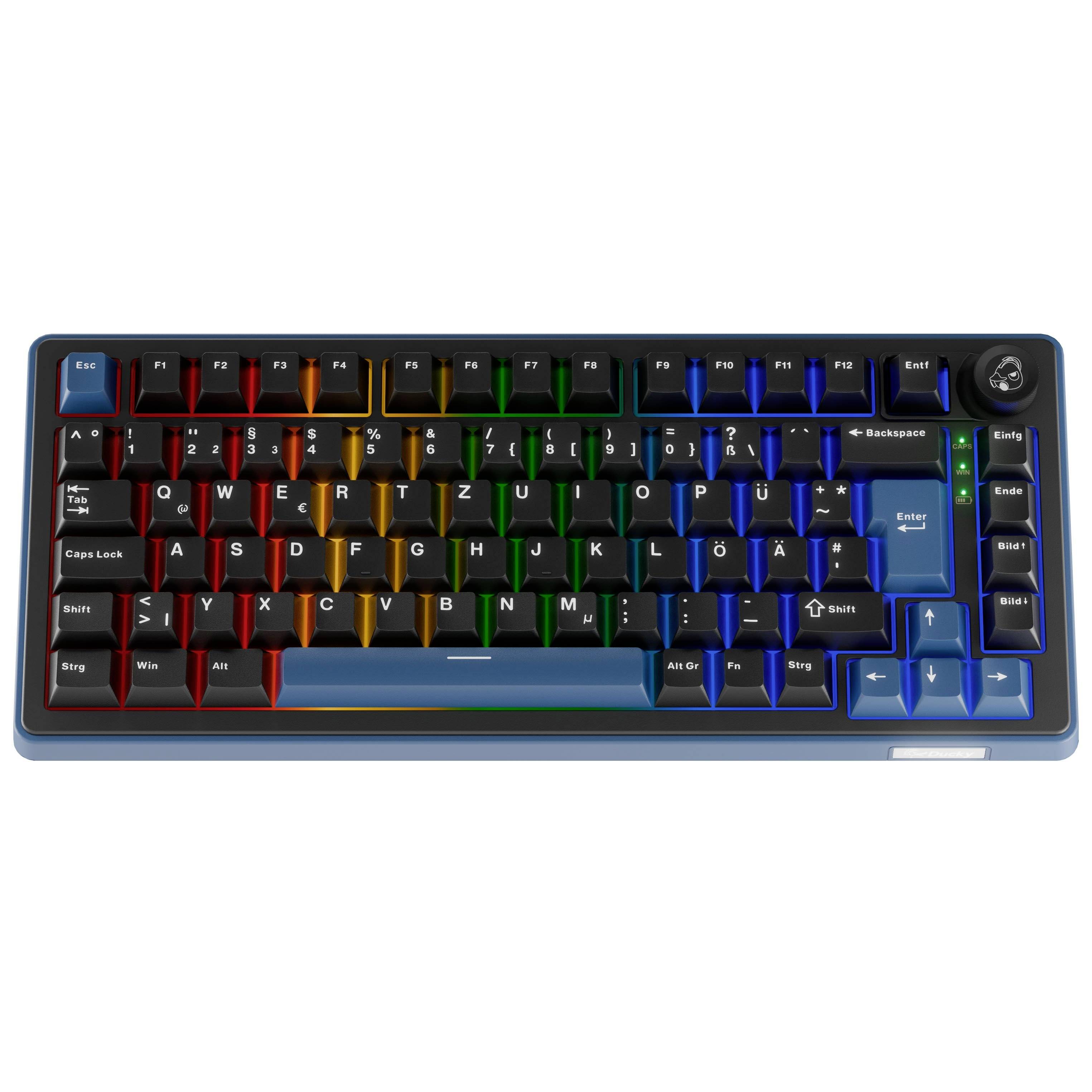 RGB mechanikus billentyűzet kompakt elrendezéssel és szivárvány háttérvilágítású billentyűkkel, felülnézetből fehér háttéren.