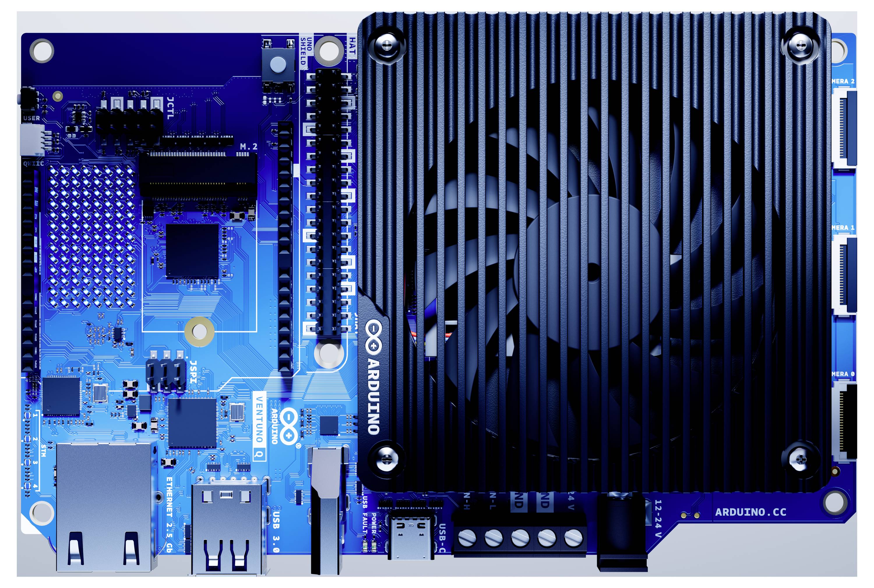 Arduino egykártyás számítógép, amelynek jobb oldalán nagy fekete hűtőborda/ventilátor modul van csatlakoztatva, a kék kártyán látható portok és áramköri elemek