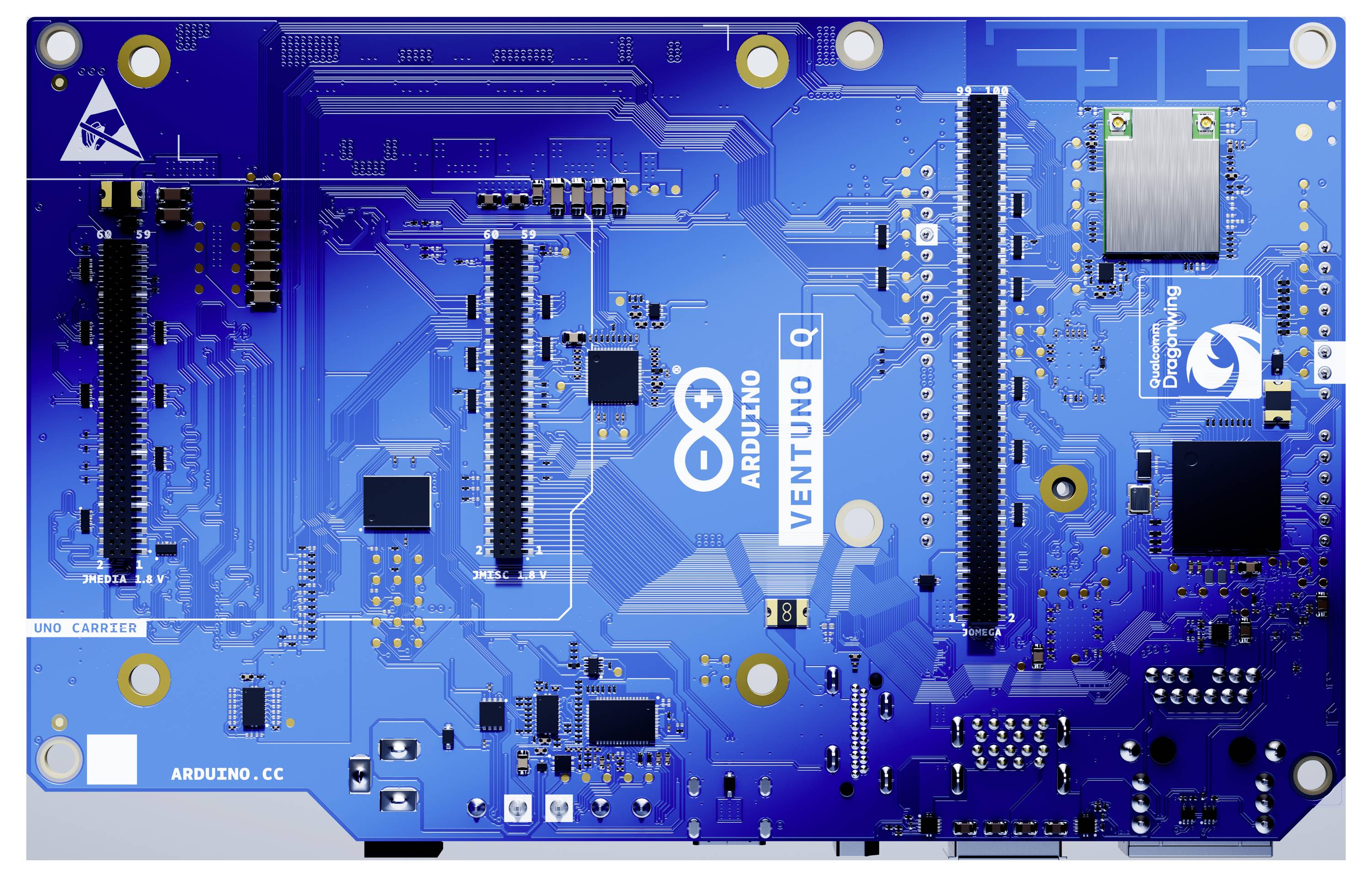 Kék Arduino Due mikrovezérlő kártya USB és tüskesoros fejlécekkel, amelyen az "ARDUINO DUE" és "ARM" feliratok láthatók, felülnézetből.