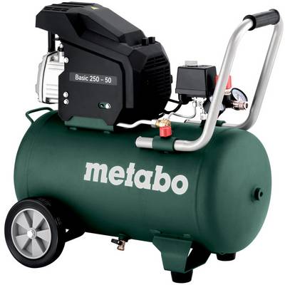Hordozható Metabo légkompresszor zöld tartállyal, kerekekkel, fogantyúval és fekete motorházassal, amelynek felirata "Basic 250-50".