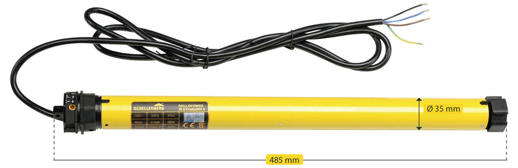 Sárga hengeres motortartály, "Dooya DM35" felirattal, elektromos vezetékekkel és megjelölt méretekkel: 485 mm hosszúság, 35 mm átmérő.