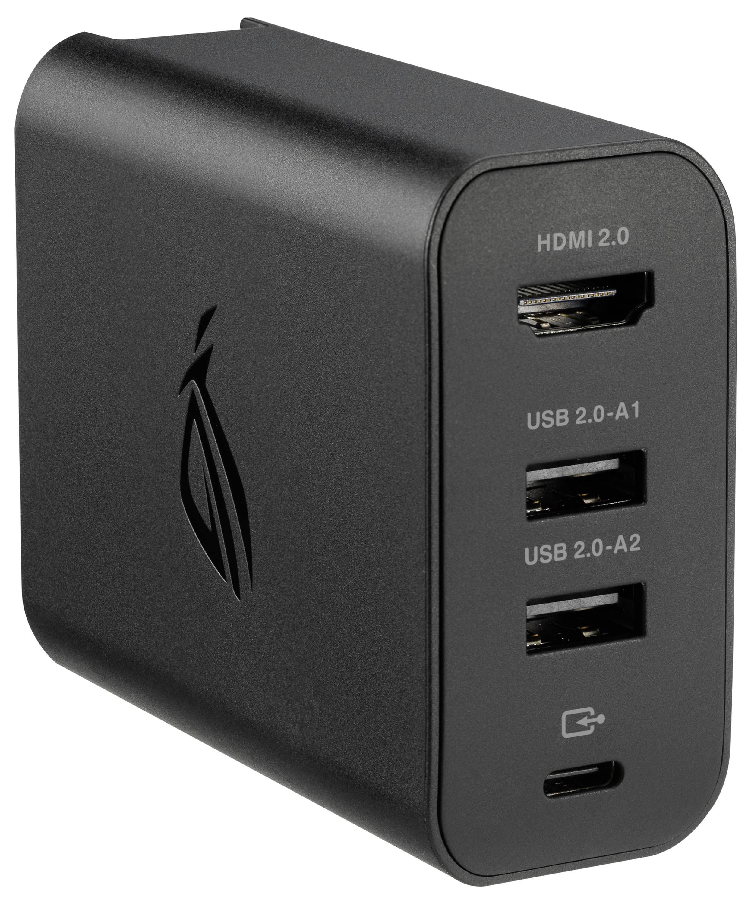 Fekete többportos töltő logóval, HDMI, három USB 2.0 és egy USB-C porttal az eszközök csatlakoztatásához.