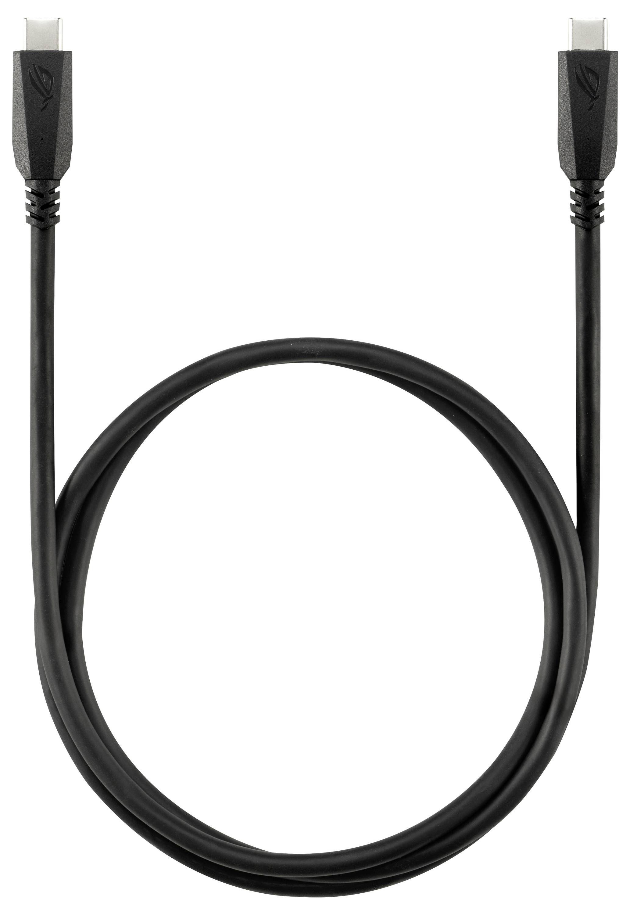 Fekete kábel USB-C csatlakozókkal mindkét végén, hurokba feltekercselve, kompatibilis eszközök között történő töltéshez vagy adatátvitelhez használható.