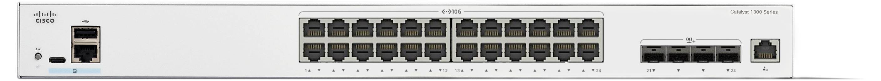 „Cisco" hálózati kapcsoló 24 Ethernet porttal és 4 további porttal a jobb oldalon, világosszürke háttér előtt.