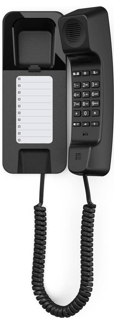 Fekete falra szerelt vezetékes telefon számgombokkal, hallgatóval és üres gyorsválasztás-billentyűzettel az alapon.