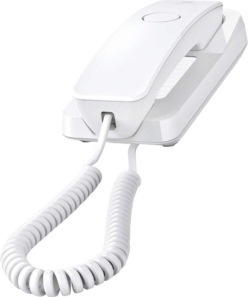 Egy tekercselt zsinórral rendelkező fehér vezetékes telefon, amelynek a sípa a alapzaton nyugszik, minimalistikus és modern dizájnt idéz meg.