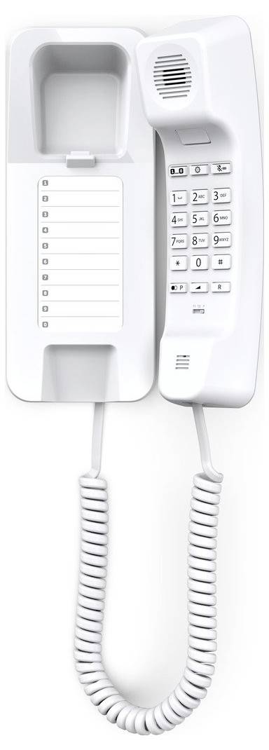 Falra szerelhető fehér vezetékes telefon numerikus billentyűzettel, csatolt hallgatóval és üres jegyzettömb az üzenetekhez, otthoni használatra alkalmas.