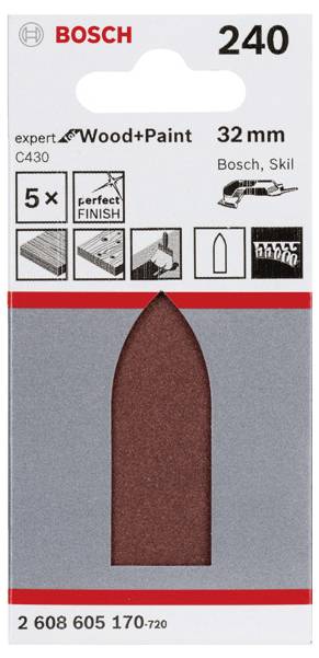 'Csiszolópapír csomag, Bosch, 240-es szemcseméret, 32mm, fa és festék csiszolásához. 5 darab tartalmazza. C430 expert, tökéletes felület.'