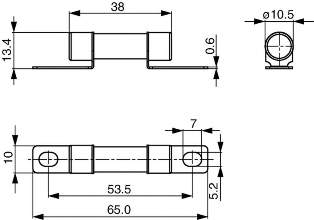Egy tartókonzol műszaki rajza a következő méretekkel: szélesség 38 mm, magasság 13,4 mm, átmérő 10,5 mm, teljes hossz 65 mm és egyéb jellegzetes méretek láthatók.