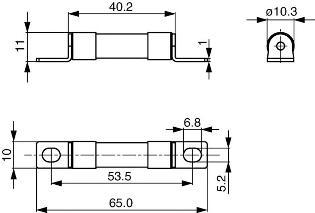 Műszaki diagram: Elektromos alkatrész oldal- és felülnézeti képeivel, több mérettel ellátva. A legfontosabb méretek közé tartozik a 65,0, 53,5, 40,2 hosszméretek és a 10,3 átmérők.