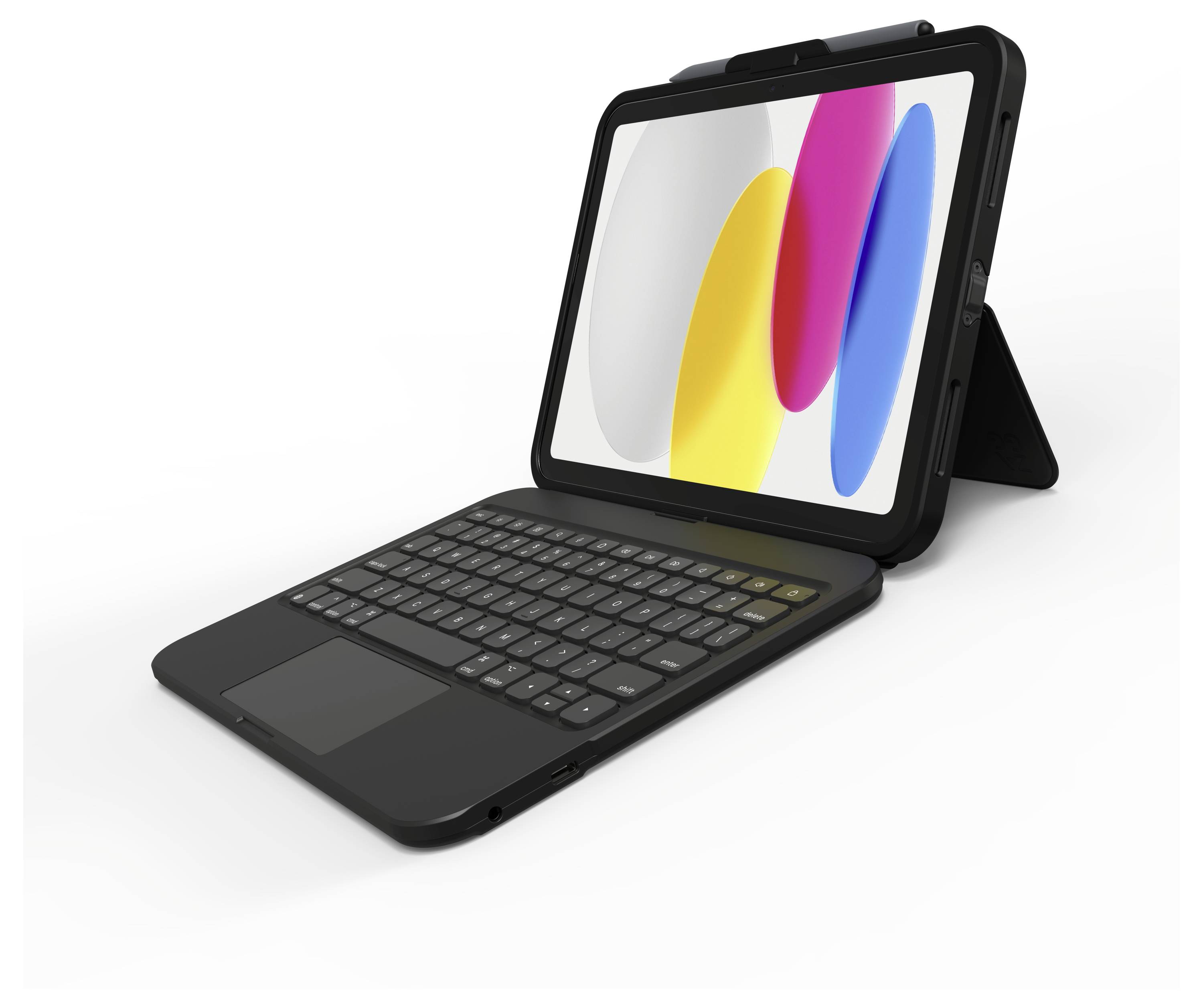 Egy színes kijelzőjű tablet egy fekete billentyűzethez és állványhoz csatlakoztatva, balra döntve.