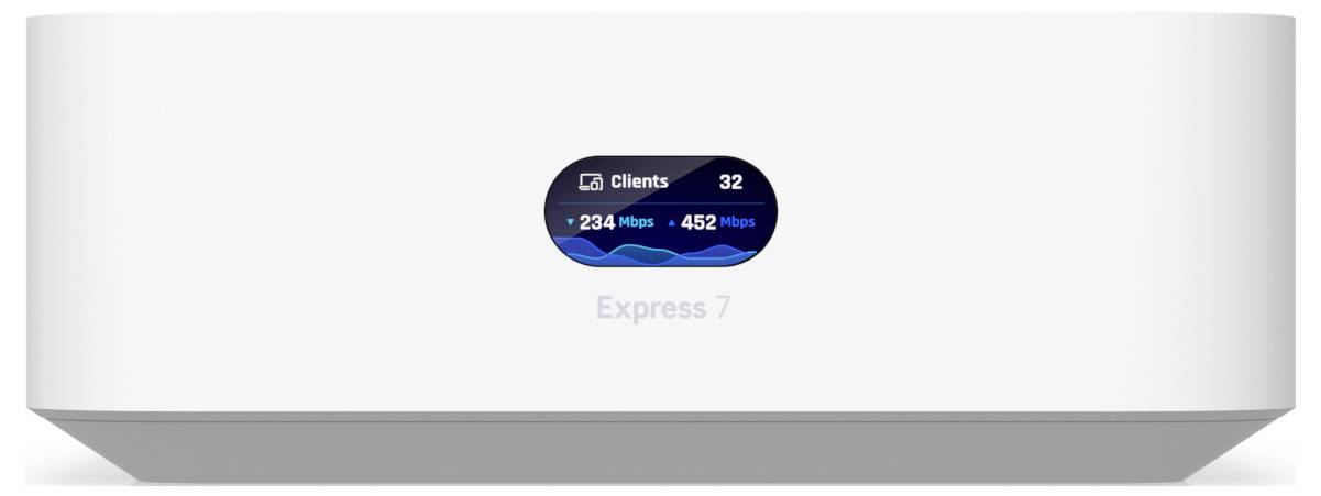 Egy fehér téglalap alakú eszköz, amely „Express 7" felirattal van ellátva, egy digitális kijelzővel, amely „32 Kliens", „234 Mbps" és „452 Mbps" használati statisztikákat mutat.
