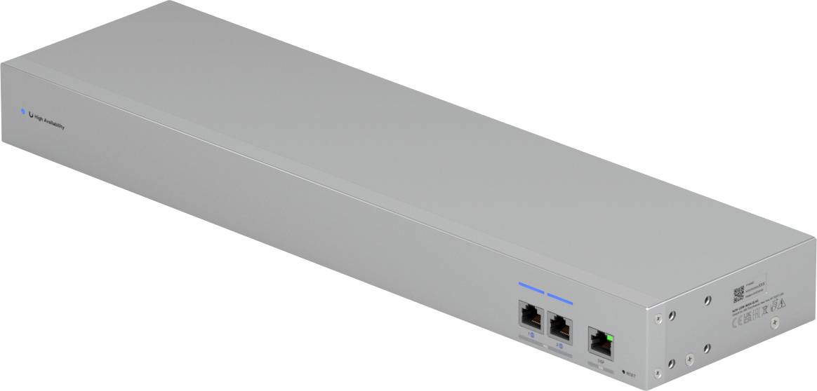Egy téglalap alakú elektronikus eszköz két Ethernet porttal és LED indikátorokkal az egyik oldalán, amely az áramellátásra és hálózati kapcsolatra szolgál.