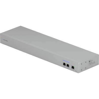 Egy téglalap alakú elektronikus eszköz két Ethernet porttal és LED indikátorokkal az egyik oldalán, amely az áramellátásra és hálózati kapcsolatra szolgál.