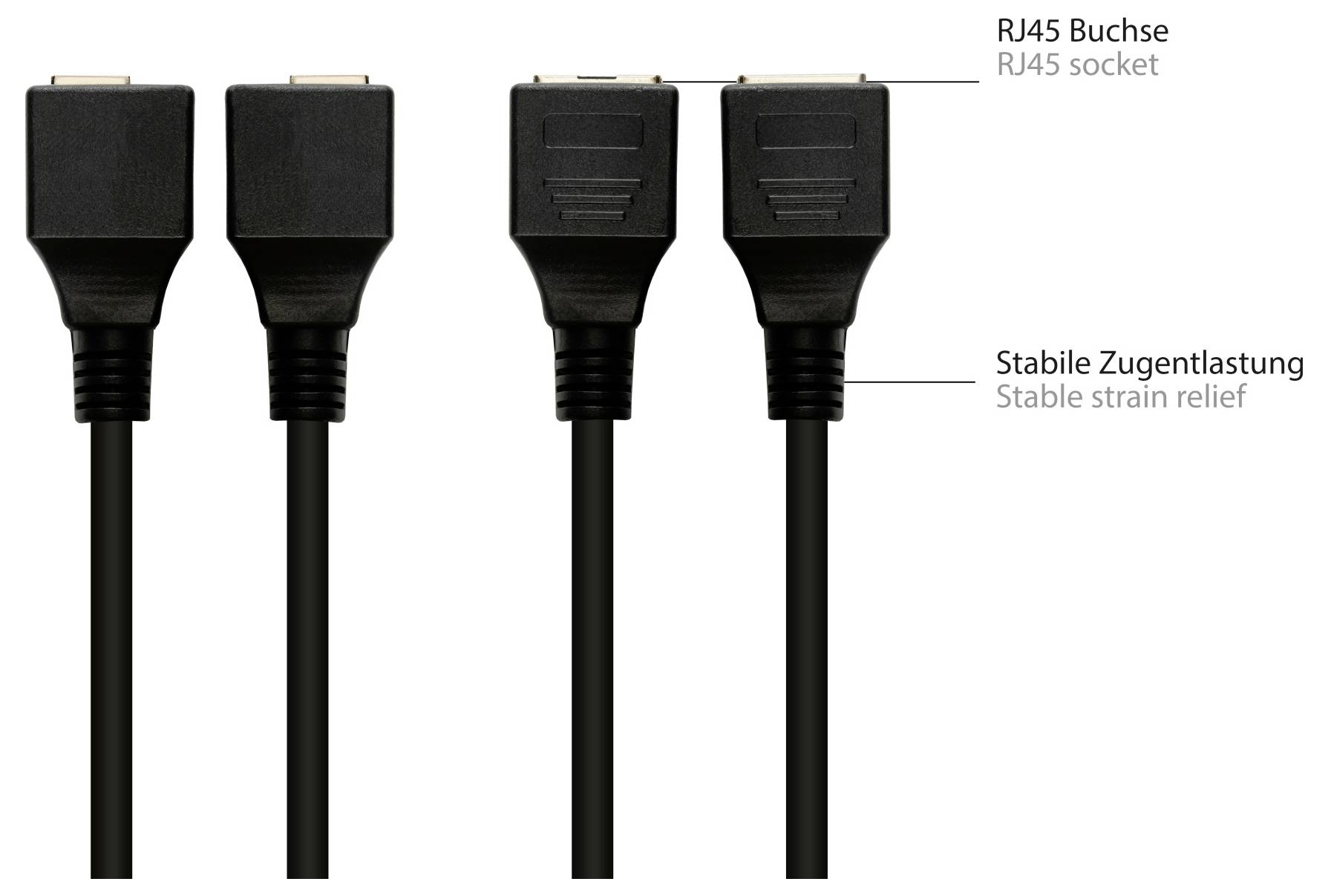 Négy fekete RJ45 Ethernet-kábel csatlakozó illusztrációja, amelyeken az "RJ45 aljzat" és a "Stabil húzásvédelem" feliratok láthatók, bemutatva a dugó alakját és az erősített kábelvégeket.