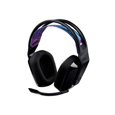 Fekete fullsize gamer fejhallgató boom mikrofonnal és lila-kék fejpánt akcentusokkal fehér háttéren.
