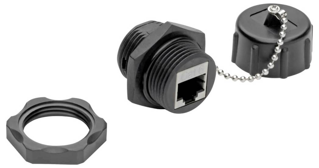Fekete vízálló Ethernet kábel csatlakozó menetes sapkával és tartó láncokkal, valamint egy záróraccsal fehér háttéren.