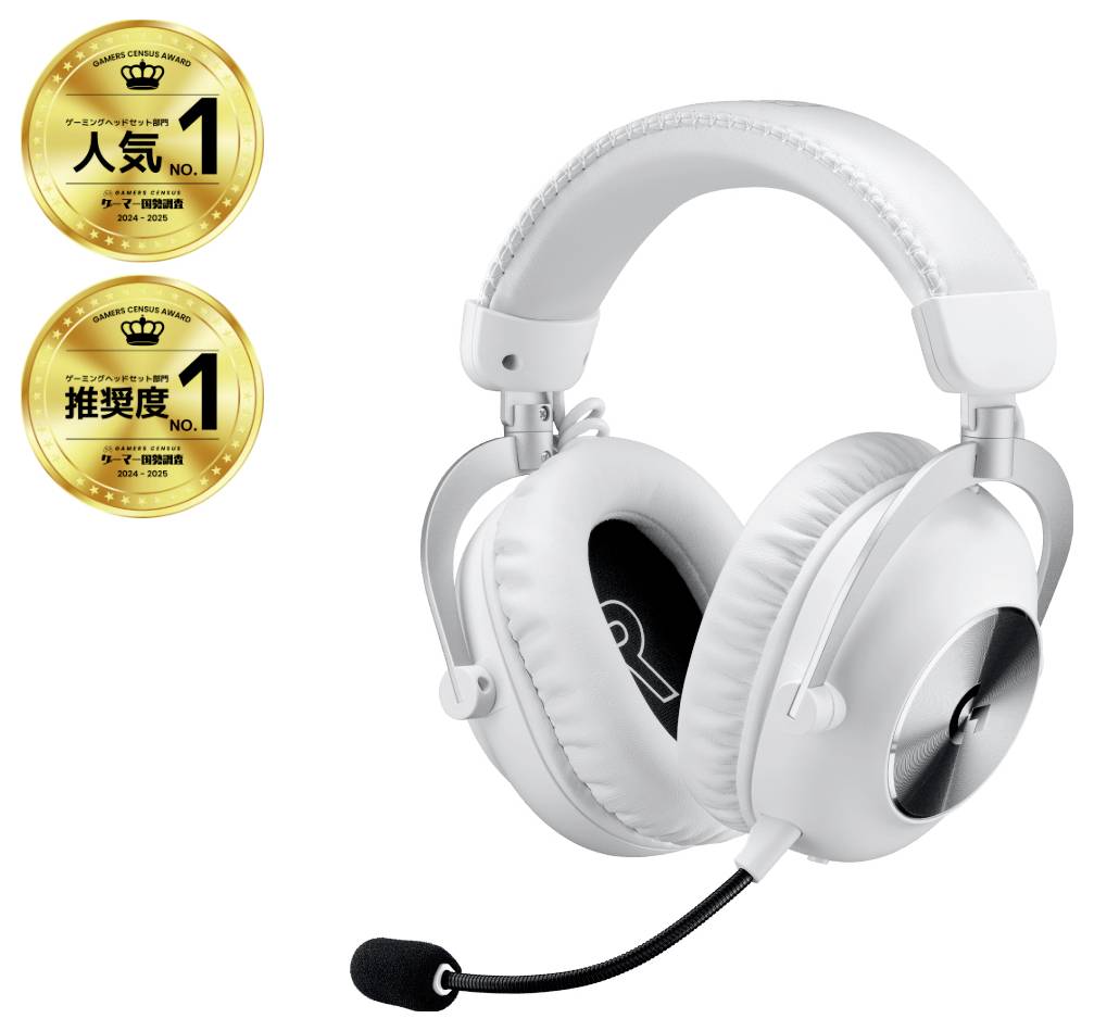 Fehér over-ear gaming fejhallgató mikrofonos nagyobb karral, amely bal oldalon két arany „No. 1" díjjelvénnyel van feltüntetve.