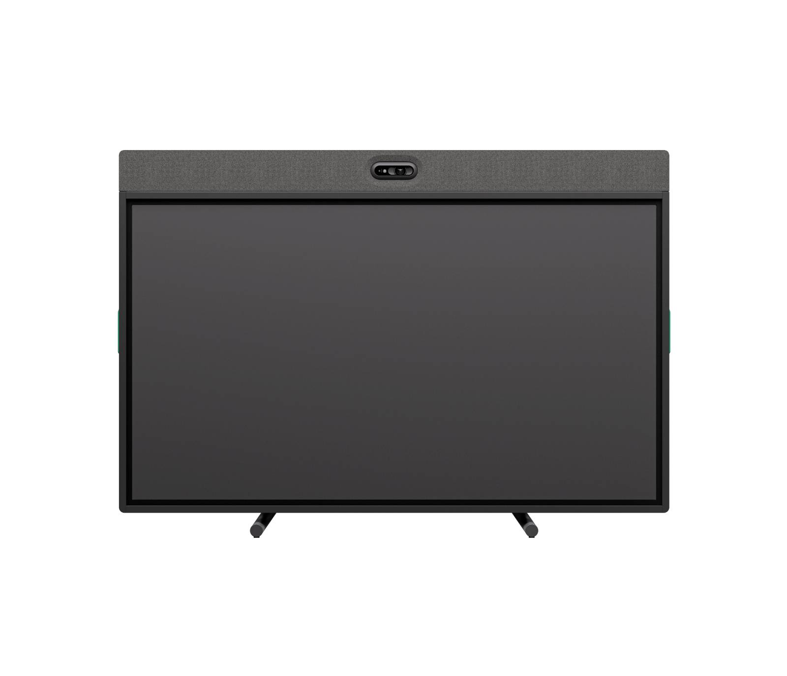 Egy fekete lapos képernyős televízió elölnézete üres képernyővel és két kicsi lábbal fehér háttéren.
