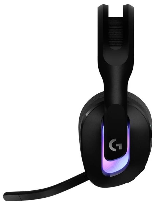 Fekete gamer fejhallgató rögzített mikrofonnal és testreszabható LED megvilágítással az fülezsálon, lila és kék színeket megjelenítve.