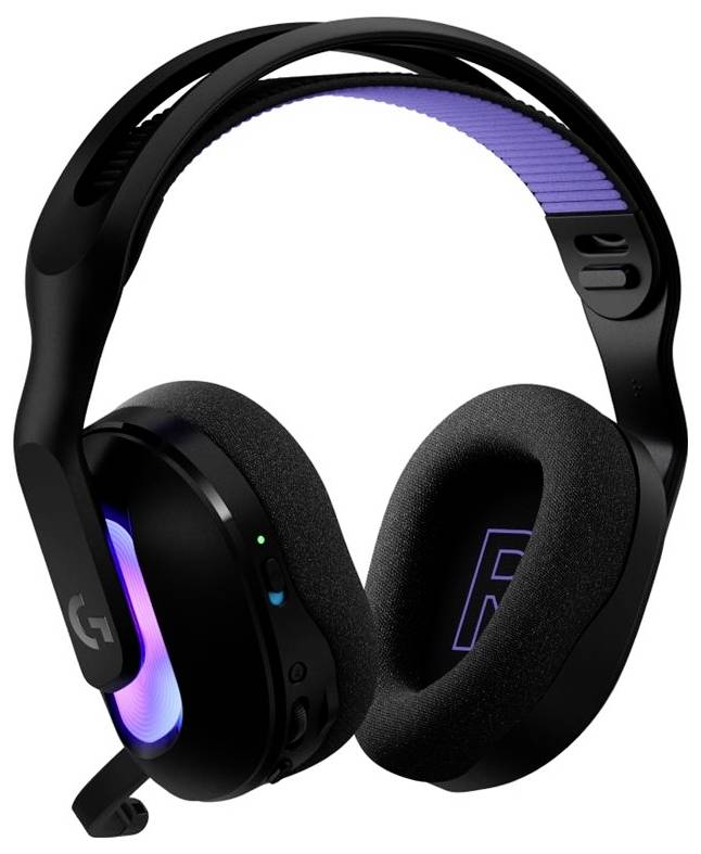 Fekete, fülre helyezhető gaming headset LED fényekkel és párnázott fülhöz, a fülkagyókon lévő márkajelöléssel és állítható fejsávval.