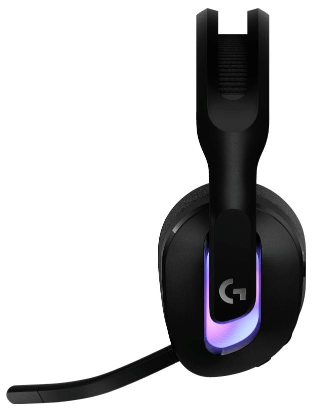 Fekete gaming fejhallgató beépített mikrofonnal, ragyogó RGB-fényekkel az fülpárnán.
