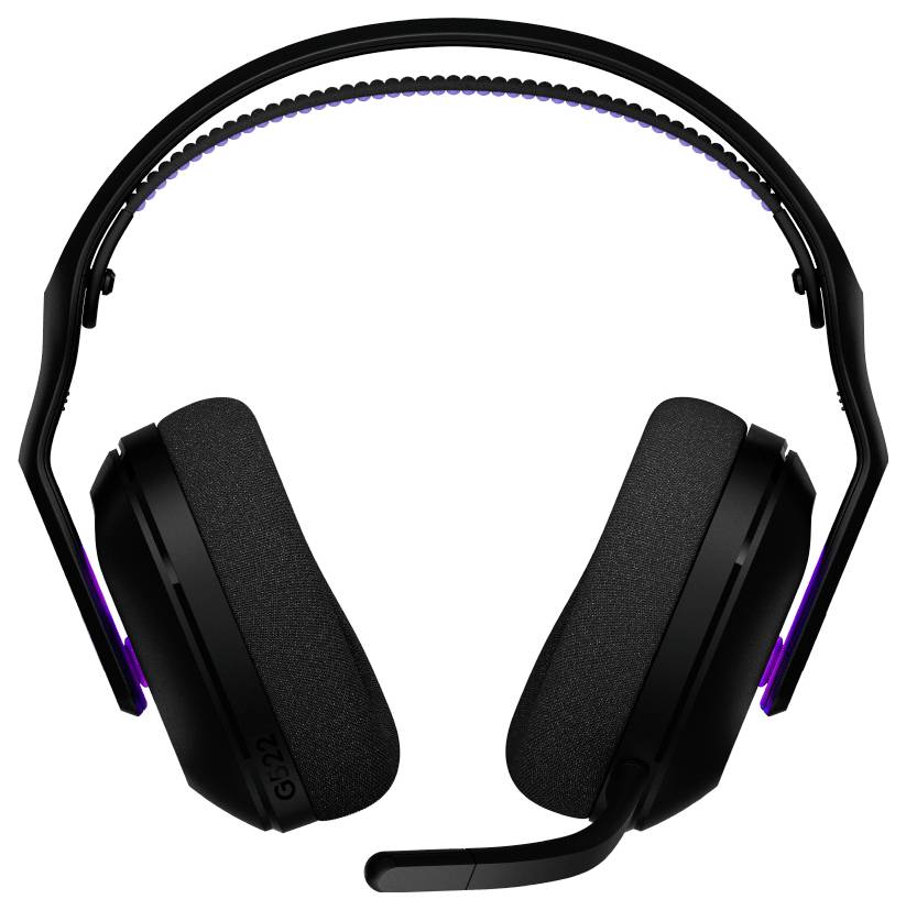 Fekete, fülre helyezhető gamer fejhallgató mikrofonnal, lila LED-es kiemelésekkel és párnázott, állítható fejpánttal a kényelem érdekében.