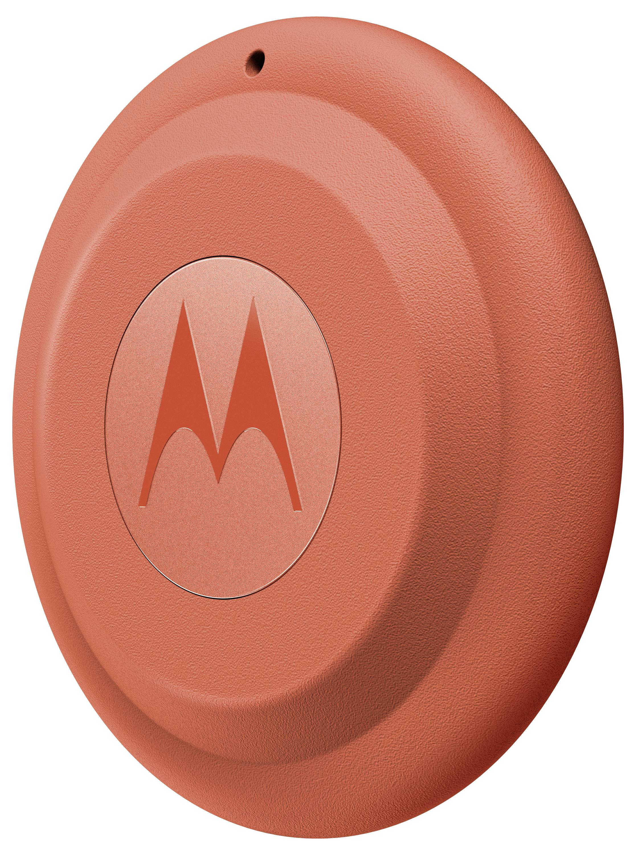 Egy kerek, narancssárga Motorola eszköz a Motorola logóval a közepén.