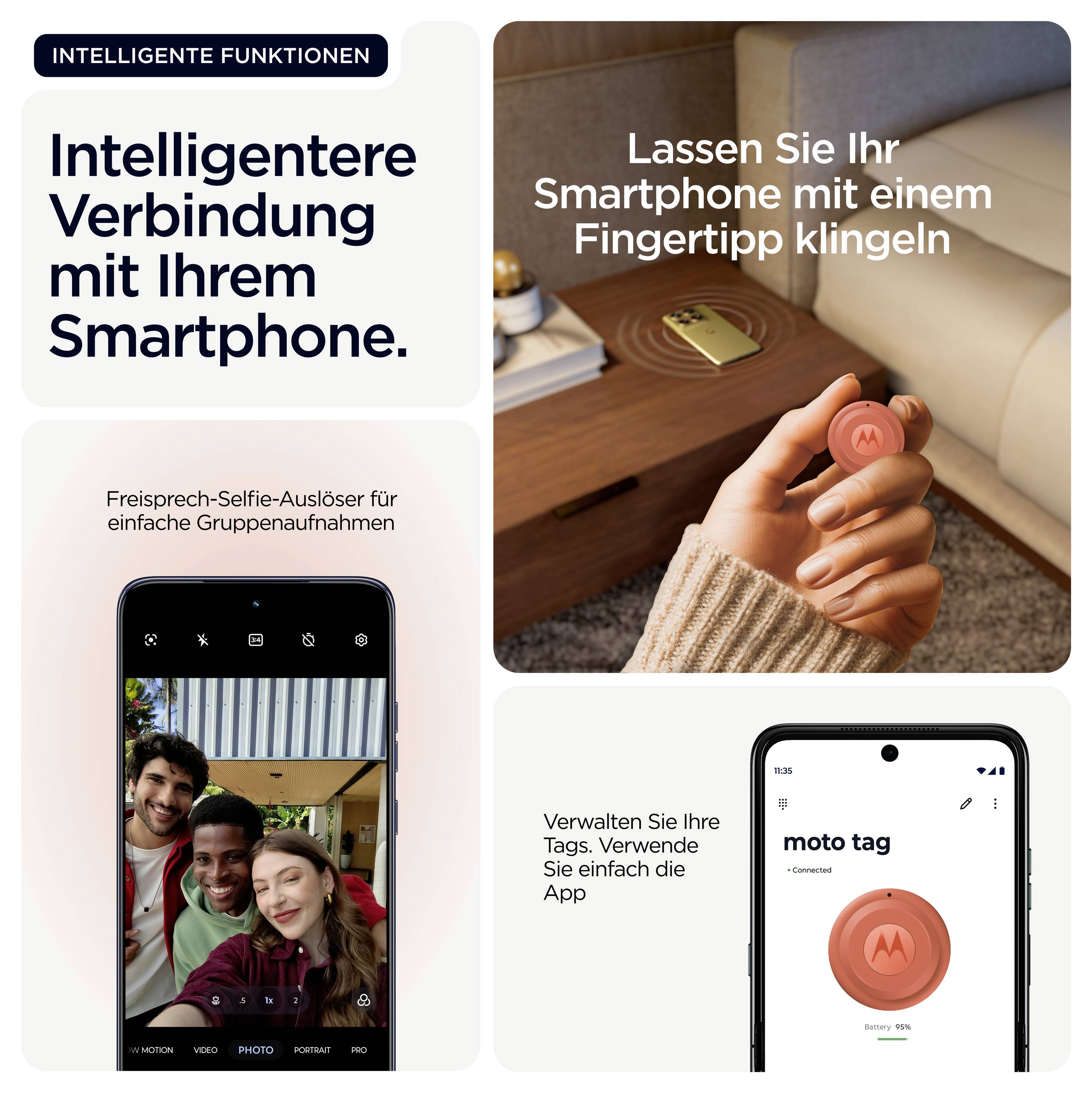 'Intelligens kapcsolat az okostelefonjával - intelligens funkciók.' Magában foglalja a fotórögzítést, a címkekezelést és a csengőhang aktiválást.