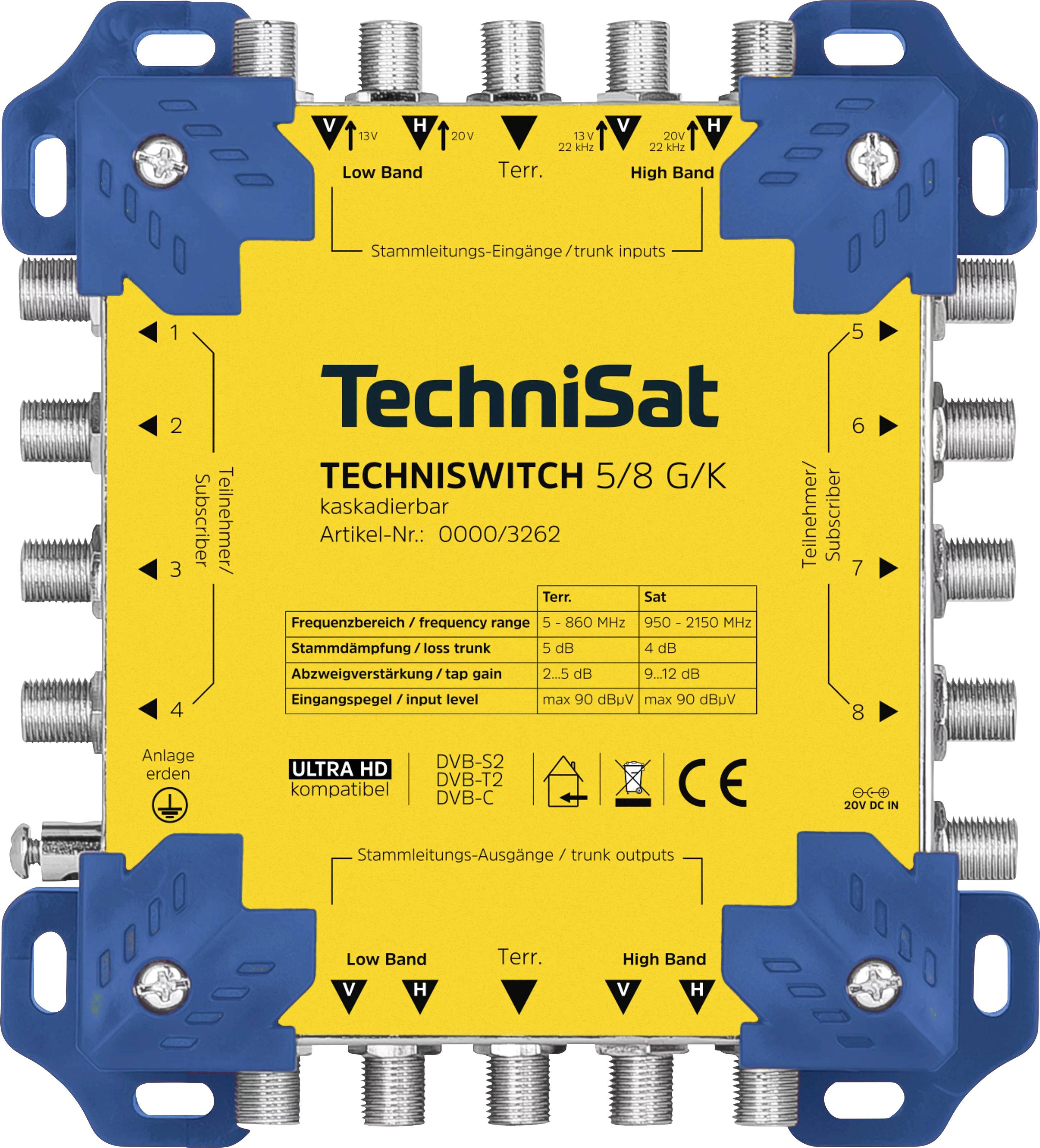 Egy téglalap alakú, kék és sárga multikapesolóeszköz, amely a „TechniSat TECHNISWITCH 5/8 G/K" felirattal van ellátva, és több koaxiális kábel bemeneti és kimeneti csatlakozóval rendelkezik.