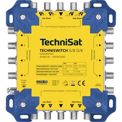 Egy téglalap alakú, kék és sárga multikapesolóeszköz, amely a „TechniSat TECHNISWITCH 5/8 G/K" felirattal van ellátva, és több koaxiális kábel bemeneti és kimeneti csatlakozóval rendelkezik.