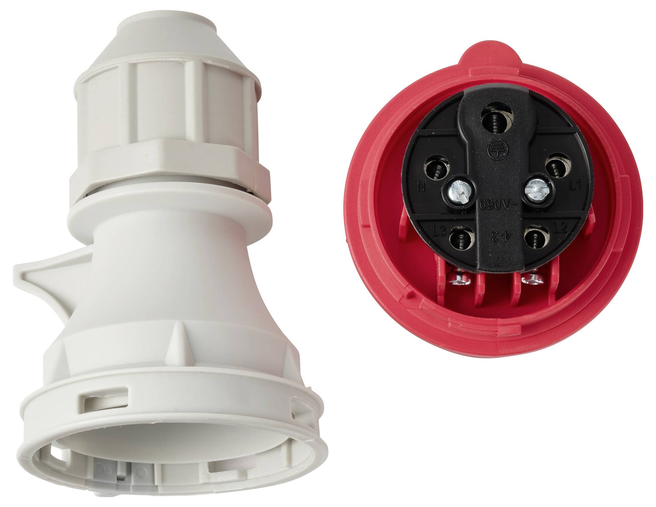 Fehér elektromos dugó adapter oldalnézetből és elölnézetből bemutatva, piros kör alakú csatlakozó felülettel fehér háttéren.